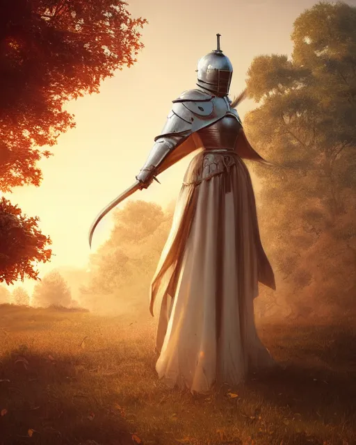 Prompt: half - body, female teutonic knight, short hair, elegant, super detailed, 1 6 k, natural, octane render, sunset, trees, castle, warm lighting, greg rutkowski, rossdraws, ruan jia, wlop, sharp focus