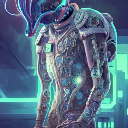 Image similar to hyperrealistic portrait of a squid monster astronaut, full body portrait, well lit, intricate abstract. cyberpunk, intricate artwork, by Tooth Wu, wlop, beeple. octane render,in the style of Jin Kagetsu, James Jean and wlop, highly detailed, sharp focus, intricate concept art, digital painting, ambient lighting, 4k, artstation