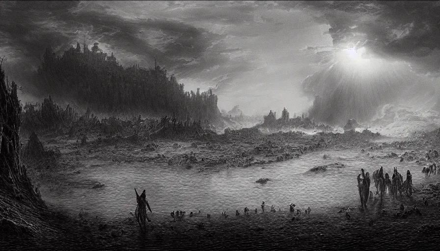 Image similar to bloody river in hell, by Gustave Dore, people walking into the horizon, red river, dragon flying in sky, trending on artstation