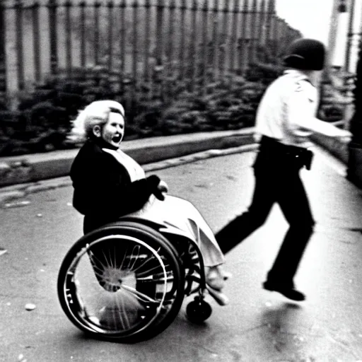 Image similar to Old woman in a wheelchair is chased by the police. photo. 1970.