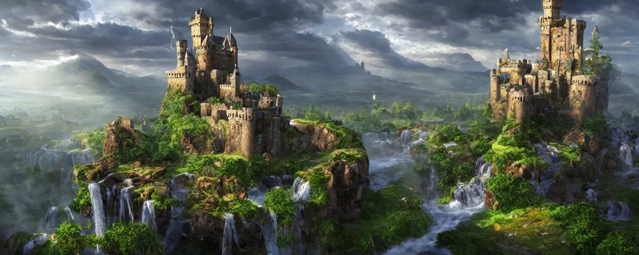 Image similar to a beautiful fantasy landscape of a large majestic medieval castle with lots of towers and huge walls on top of a lush cliff with a huge waterfalls in the middle, ruins of structures at the bottom, afternoon light streaking with god rays, ornate, detailed, octane render, 8k, trending on artstation deviantart google images, pinterest, canon 35mm lens