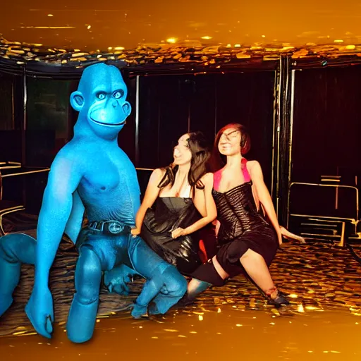 Prompt: 2 apes in a private booth at dance club throwing money in the air, surrounded by beautiful women, made by beeple