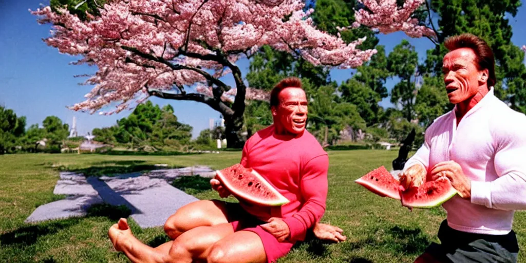 Prompt: photo, arnold schwarzenegger eats watermelon, japanese kimono, under sakura tree