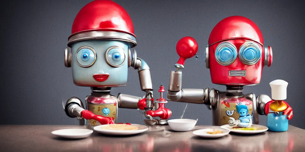 Image similar to closeup portrait of tin toy retro robot chef mixing chemicals cooking pastry in a kitchen, depth of field, zeiss lens, detailed, centered, fashion photoshoot, by nicoletta ceccoli, mark ryden, lostfish, breathtaking, 8 k resolution, extremely detailed, beautiful, establishing shot, artistic, hyperrealistic, octane render