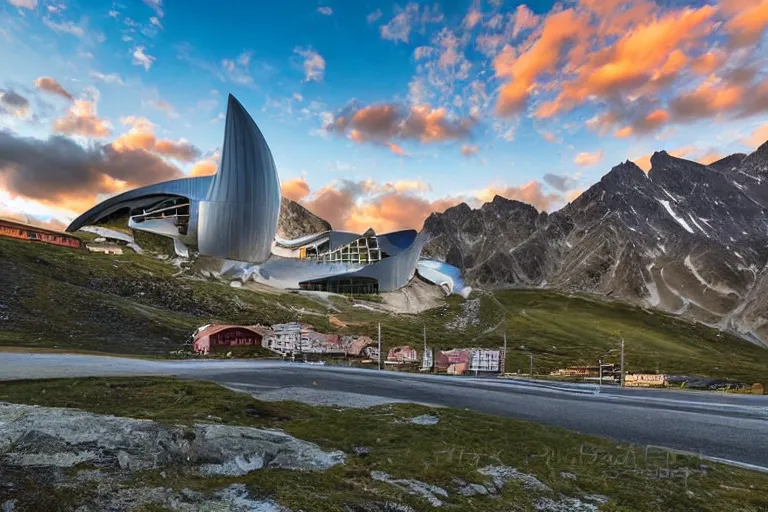 Prompt: architecture photo modern fachwerk opera building settlement with Elbrus mountain on the background, architecture, photorealism 8k , shining and happy atmosphere, uplight, high details