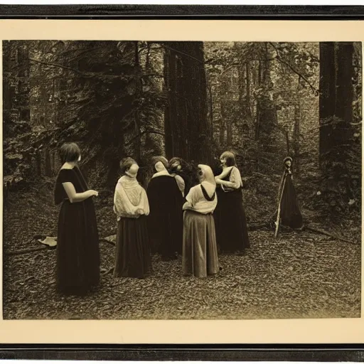 Prompt: a ritual in the woods daguerrotype