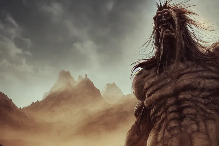 Image similar to looking up at a tall humongous angry monster made of flesh standing tall in the desert, elden ring boss, realism, photo realistic, high quality, misty, hazy, ambient lighting, cinematic lighting, studio quality,