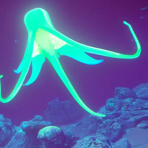 Prompt: underwater bioluminescent cyberpunk squid, 4 k, unreal engine