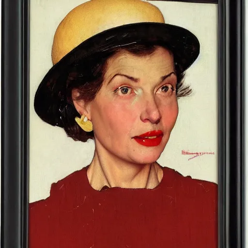 Image similar to frontal portrait of a woman with a hat that covers her eyes, by norman rockwell