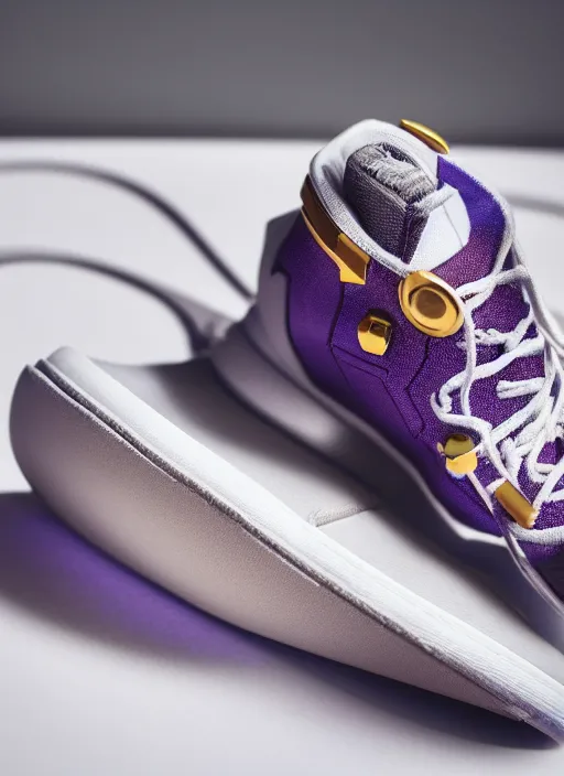 Image similar to hyperrealistic and heavy detailed product photo off white shoe of thanos ( marvel comics ), in front of white back drop, whole shoe is in picture, leica sl 2 5 0 mm, vivid color, high quality, high textured, real life