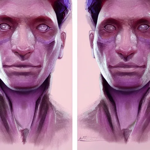 Prompt: character design sketch humanoid by ahmet atil akar, profile portrait, cyberpunk street goon, concept art character, cyberpunk fashion, with body made of purple lava and fire, marvelous designer, royalty, smooth, sharp focus, organic, deep shadowsby jerad marantz, hyperrealistic oil painting, 4 k, studio lightning