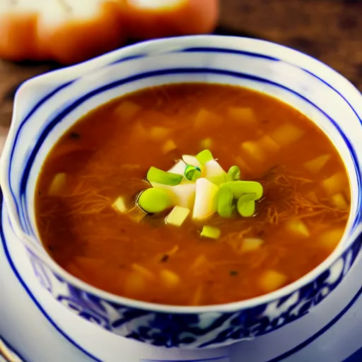 Image similar to a soup with teeth floating, food photography