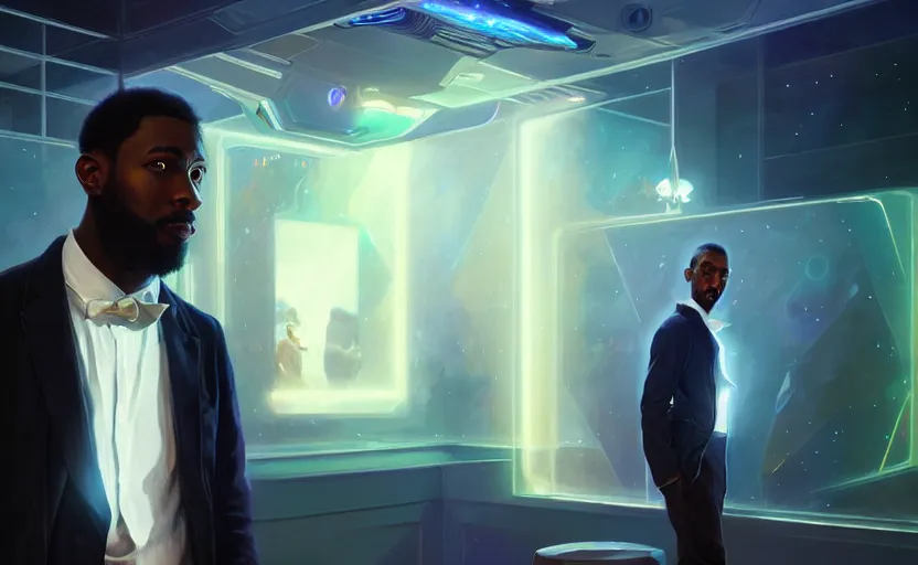 Prompt: portrait of handsome black genius staring intently in front of floating three dimensional holographic displays, elegant atmosphere, glowing lights, highly detailed, digital painting, artstation, concept art, smooth, sharp focus, illustration, art by wlop, mars ravelo and greg rutkowski