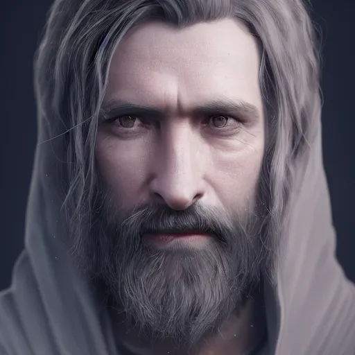 Image similar to a highly detailed portrait of a man without a beard, purple eyes, light gray long hair, wearing a black cloak, artstation, DeviantArt, professional, octane render