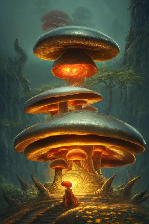 Image similar to mushroom temple, highly detailed, d & d, fantasy, highly detailed, digital painting, trending on artstation, concept art, sharp focus, illustration, global illumination, ray tracing, realistic shaded, art by artgerm and greg rutkowski and fuji choko and viktoria gavrilenko and hoang lap, sunny