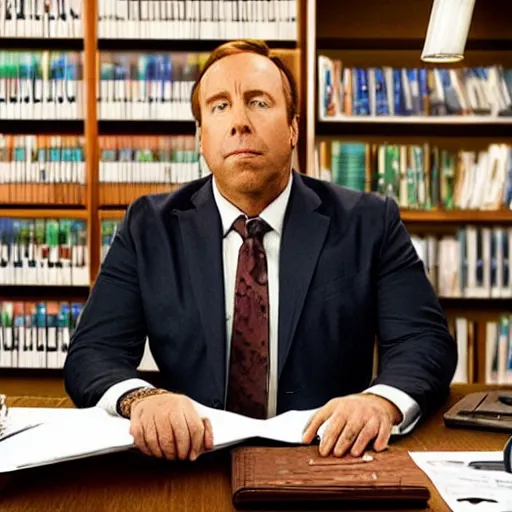 Prompt: “ very photorealistic photo of alex jones in saul goodman ’ s office, award - winning details ”