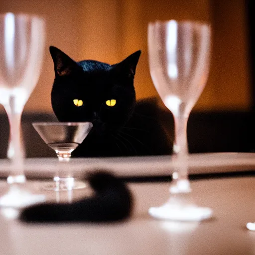 Prompt: a photo of a black cat drinking expensive champagne in a fancy dark bar, f 1. 8, iso 1 6 0 0