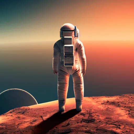 Image similar to an astronaut with their back to the camera, standing on top of a tall cliff, looking out over a civilisation on mars, cinematic, ultra realistic, 8 k, hd render