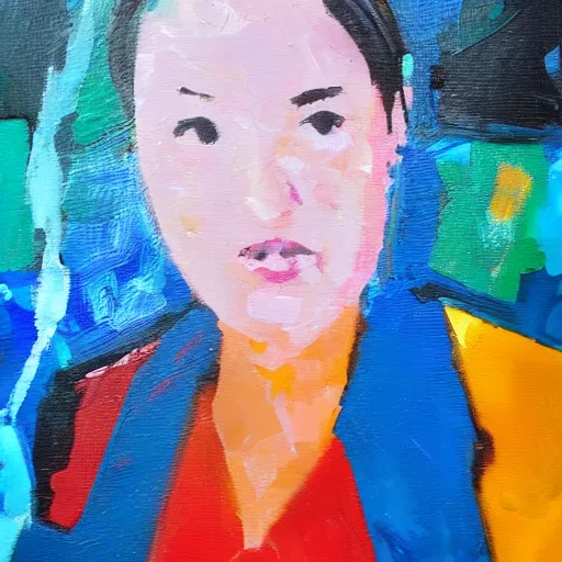 Image similar to experimental palette knife oil painting a police psychologist named dr. tracy wong