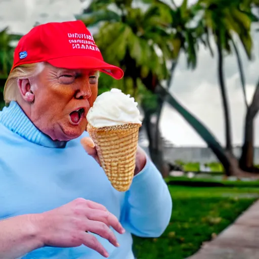 Image similar to donald trump wearing a pair of light blue hoochie daddy shorts and a pink miami beach t-shirt while enjoying himself a pistachio ice cream cone in the park, high-res, hyperrealistic,