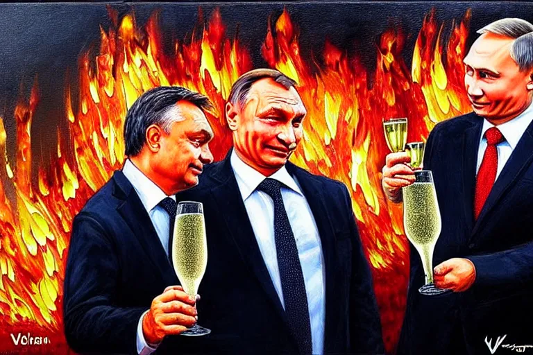 Prompt: viktor orban drinking champagne with putin in front a burning city, highly detailed eyes, oil painting