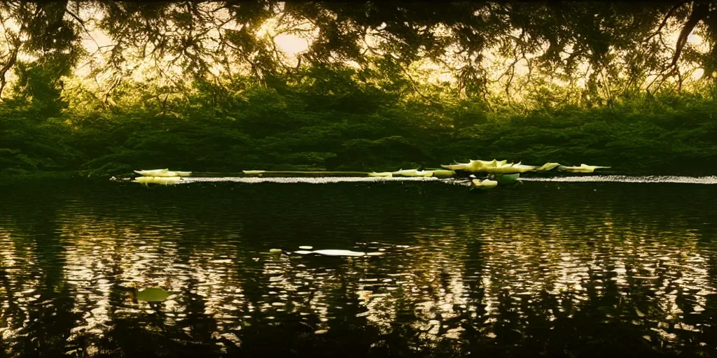 Prompt: on mirror lake outspread for miles and miles, the lotus lilies in full blossom teem, cinematic, 3 5 mm lens, anamorphic lens flare, photographic, octane render, cinematography by roger deakins, in the style of ansel adams