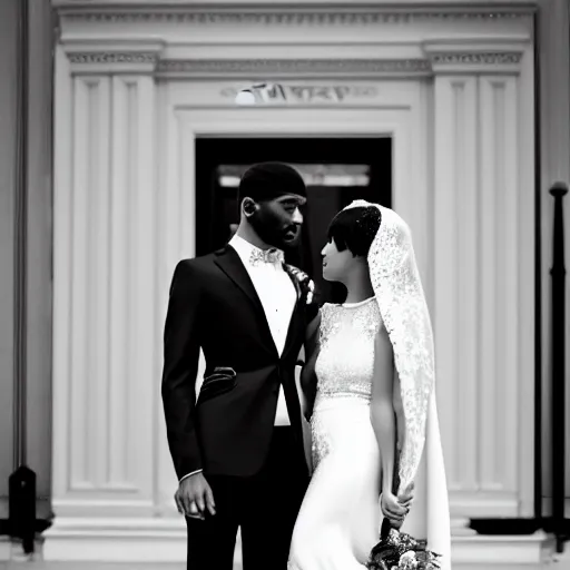 Image similar to an extremely beautiful couple in their 20s get married with a small intimate audience at marylebone town hall, the groom wears an elegant gucci suit, the bride wears a medium-length bridal gown with an exquisite veil, david bailey takes the photos, black and white, ilford ilfocolour 400, tlr rolleiflex T, octane render, 4k, realistic, hyperrealistic, highly detailed, strong bokeh around the faces of the couple, short depth of field, f/1.8