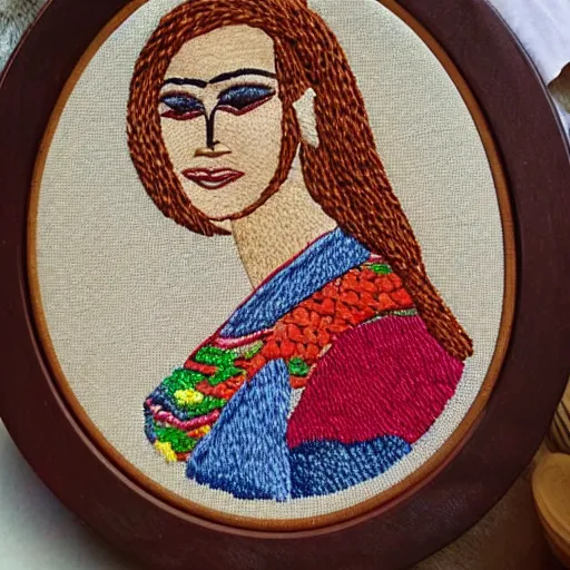 Image similar to a beautiful handmade embroidery of a woman. hand embroidery.