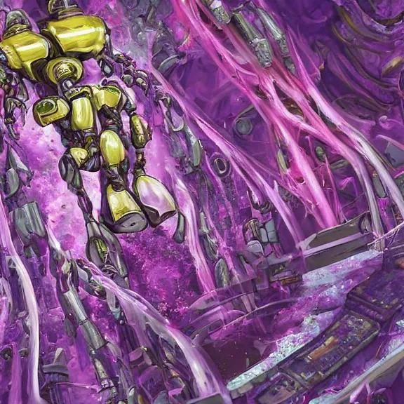 Image similar to detailed shot of inside a cavernous stomach of a mecha goddess, the walls purple and pulsing, lots of acid pooling up on the floor, digesting and dissolving a small human as it thrashes in acid, food pov, micro pov, vore, digital art, furry art, anthro art, high quality, 8k 3D realistic, macro art, micro art, Furaffinity, Deviantart, Eka's Portal, G6