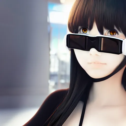 Image similar to photo of beautiful anime girl artist on a white background wearing black big goggles, 4K, redshift render, unreal engine, trending on artstation, depth of field