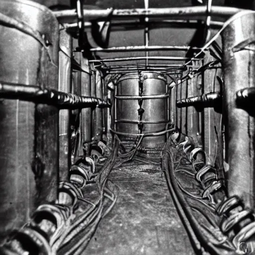 Image similar to old black and white photo, 1 9 1 3, depicting biomechanical aliens inside vats in a derelict tech lab, technicians in hazmat suits, historical record