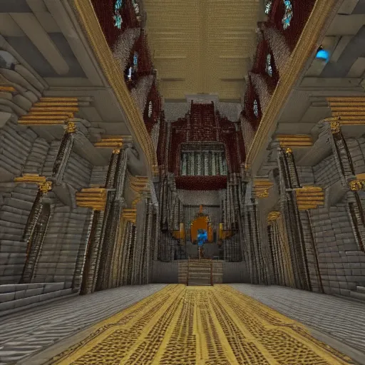 Prompt: inside a large church cathedral for a blood god built in minecraft, ornate, fancy, gloomy