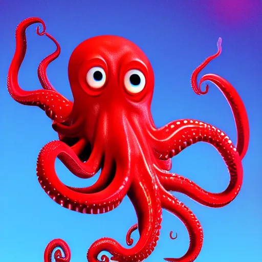 Image similar to portrait of red octopus, sly, cunning, blue background, pixar style animation 3d extremely gloomy lighting, atmospheric, cinematic, detailed illustration unreal Engine, 8K