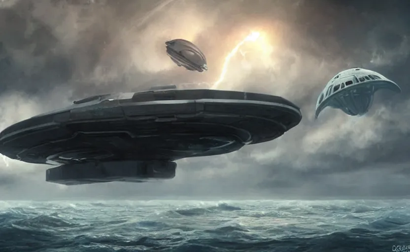 Prompt: one small alien ship flies high above a stormy ocean, sci-fi concept art, unreal engine 3d