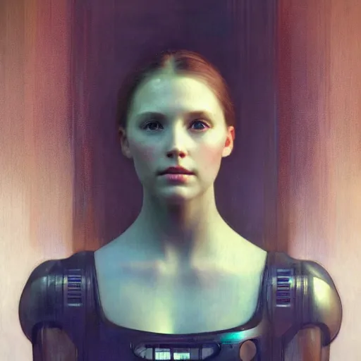 Image similar to hyperrealist portrait of a pretty young female robot with large sad eyes standing in front of a computer simulation by jeremy mann and alphonse mucha, fantasy art, photo realistic, dynamic lighting, artstation, poster, volumetric lighting, very detailed faces, award winning, full face, symmetry