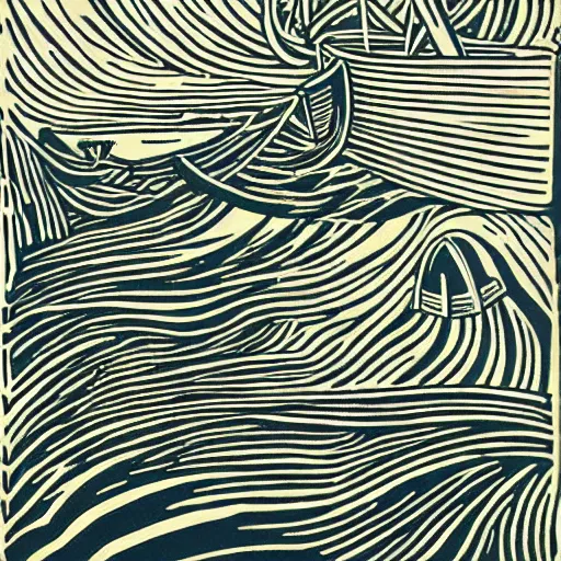 Prompt: nautical linocut by Paul Nash