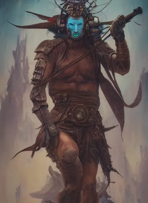 Image similar to photo of medieval tribal warrior ultra realistic, blade runner, peter mohrbacher, boris vallejo, saturated colors