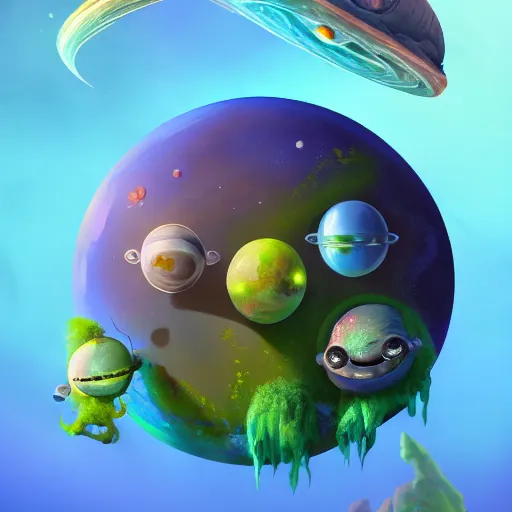 Prompt: masterpiece artwork of cute alien planet with cute aliens on it, au naturel, hyper detailed, digital art, trending in artstation, behance, deviantart, cinematic lighting, studio quality, smooth render, unreal engine 5 rendered, octane rendered, art style by pixar dreamworks warner bros disney