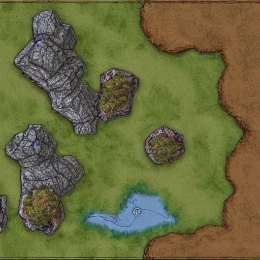 Prompt: a topdown battlemap from 9 0 degrees angle of a forest, dnd encounter, river, rocks, dawn, extremely detailed, no people