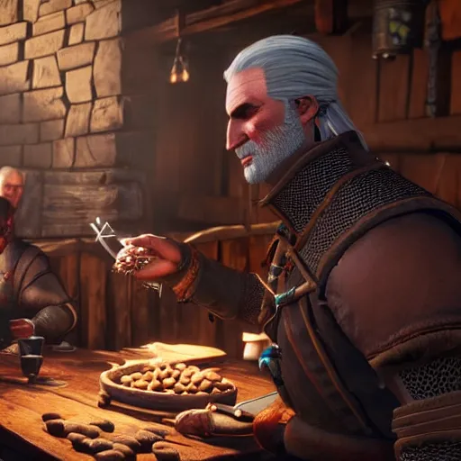 Prompt: geralt eating beans in a tavern, witcher 3 in game screenshot, epic composition