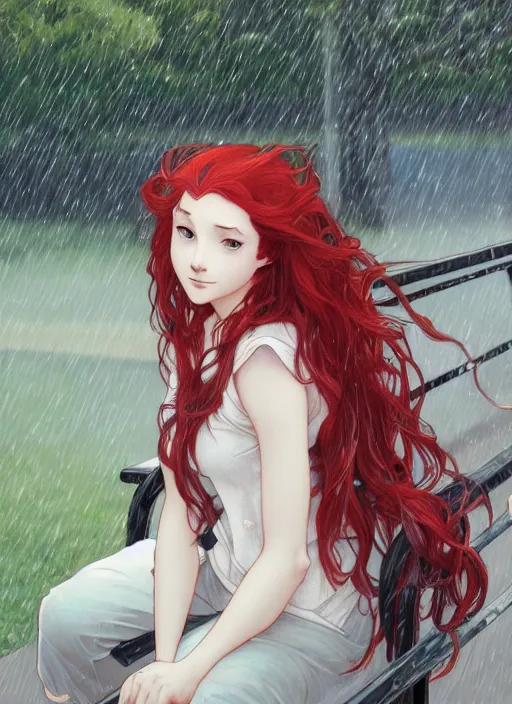 Image similar to pretty young woman with long red hair sitting at a bus stop in the rain, path traced, highly detailed, high quality, digital painting, by studio ghibli and alphonse mucha, leesha hannigan, makoto shinkai, disney