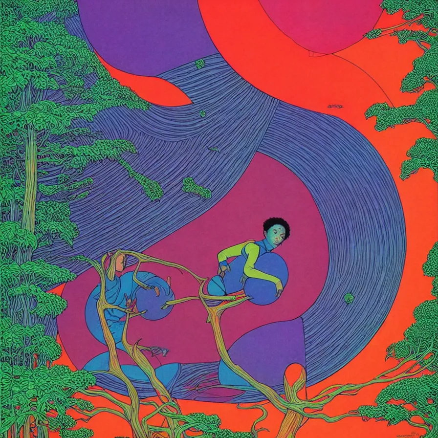 Image similar to ( ( ( ( ( forest on a mysterious planet ) ) ) ) ) by mœbius!!!!!!!!!!!!!!!!!!!!!!!!!!!, colorful, record jacket