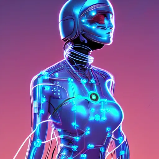 Prompt: A beautiful woman wearing a cybernetic helmet with many wires plugged into is and in her body by Moebius and Beeple