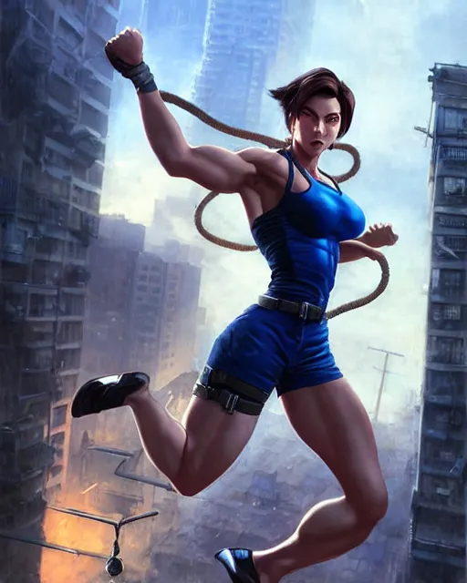 Prompt: gigachad jill valentine bodybuilder jumping from a building fighting with a rope in racoon city, fantasy character portrait, ultra realistic, anime key visual, full body concept art, intricate details, highly detailed by greg rutkowski, ilya kuvshinov, gaston bussiere, craig mullins, simon bisley