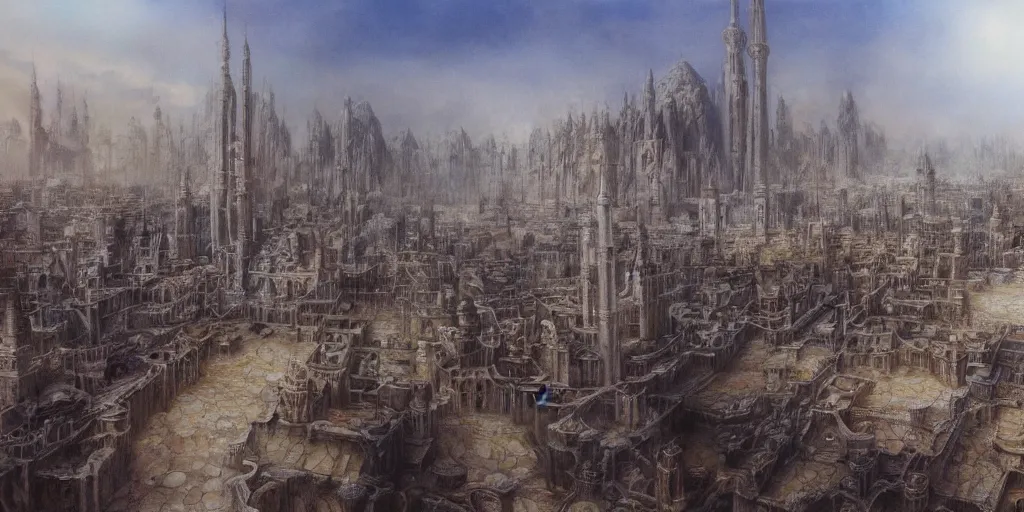 Image similar to a painting of epic fantasy islamic city by alan lee, trending on artstation