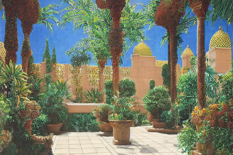 Image similar to painting of a beautiful moorish palace courtyard garden, by alayna danner and maxfield parrish and evelyn de morgan, patterned tilework, palm trees, tiled fountains, extremely detailed, cinematic lighting, smooth sharp focus