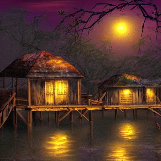 Prompt: digital art of small florida swamp fishing village on the side of the water, night time, dimly lit by lanterns, trending on artstation