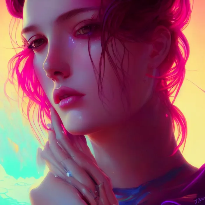 Image similar to young woman, gorgeous face, vaporwave aesthetic, synthwave, colorful, psychedelic, broken, shattered, beaten, sadness, crying, tears, artstation, concept art, smooth, extremely sharp detail, finely tuned detail, 8 k, unreal engine 5, ultra sharp focus, illustration, art by artgerm and greg rutkowski and alphonse mucha