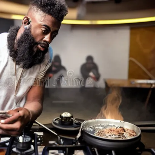 Image similar to curtis roads as a drill rapper cooking up in the studio, high quality press photo