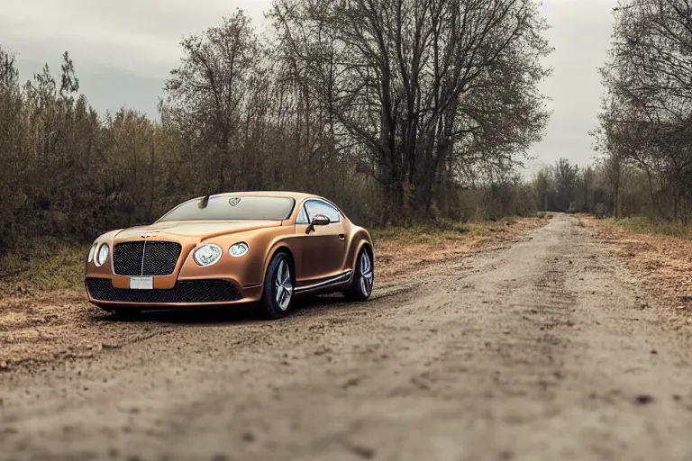 Image similar to modern rusty matte tired Bentley Continental GT without gloss no reflections drives along the road of an old Russian village with houses at the edges